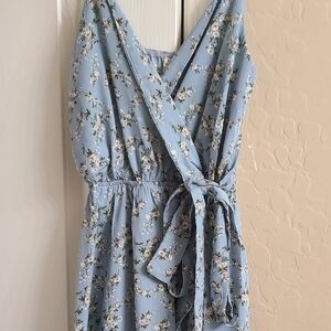 Light Blue Floral Midi Dress with Tie Waist